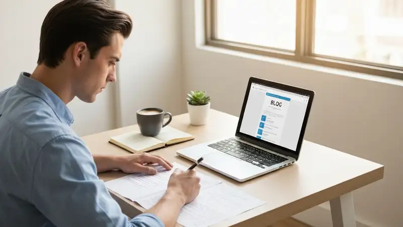 Writer creating optimized blog content on a laptop