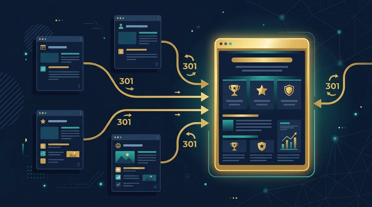 Several thin or duplicate pages merged via 301 redirects into one strong consolidated page